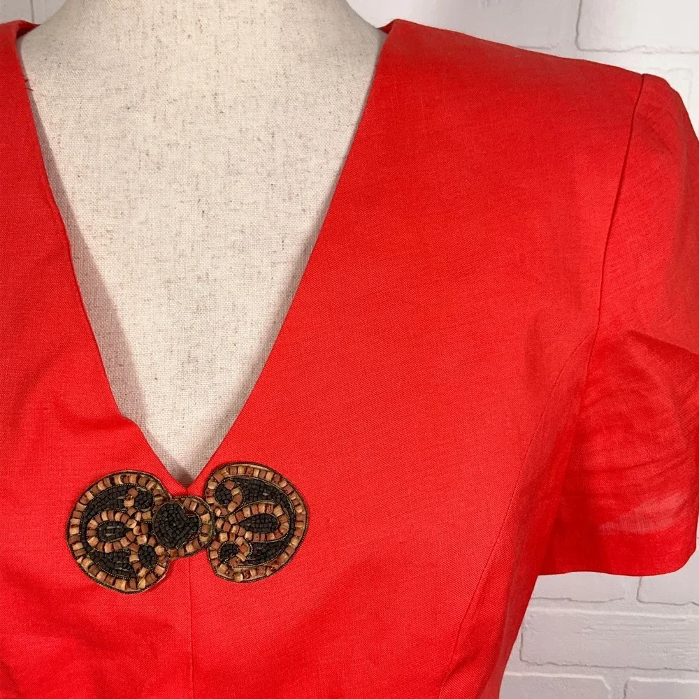Donna Morgan Maggy Dress Women 8 Orange Linen‎ Beaded Toggle Peplum Midi USA